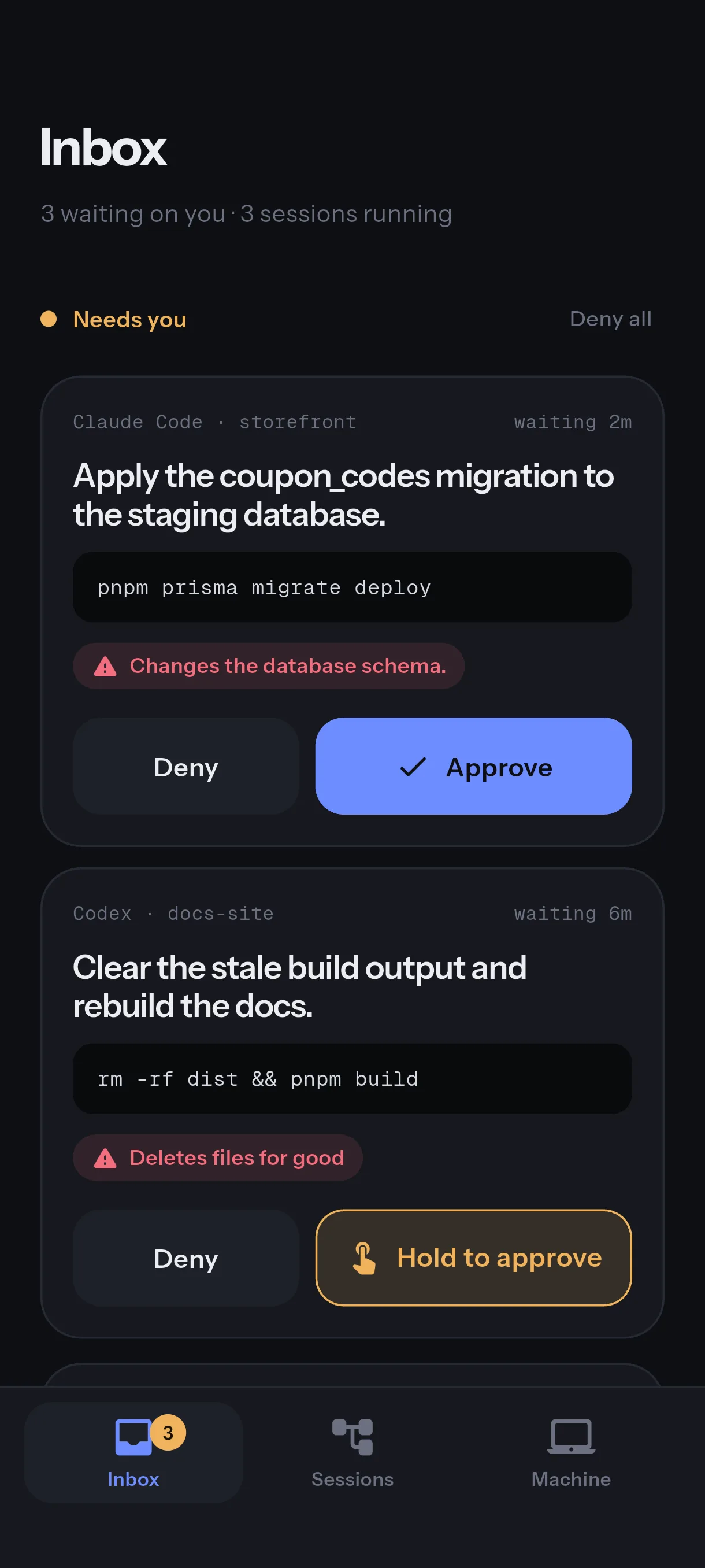 The Inbox screen: three requests waiting, the first from Claude Code in storefront, with Deny and Approve buttons.