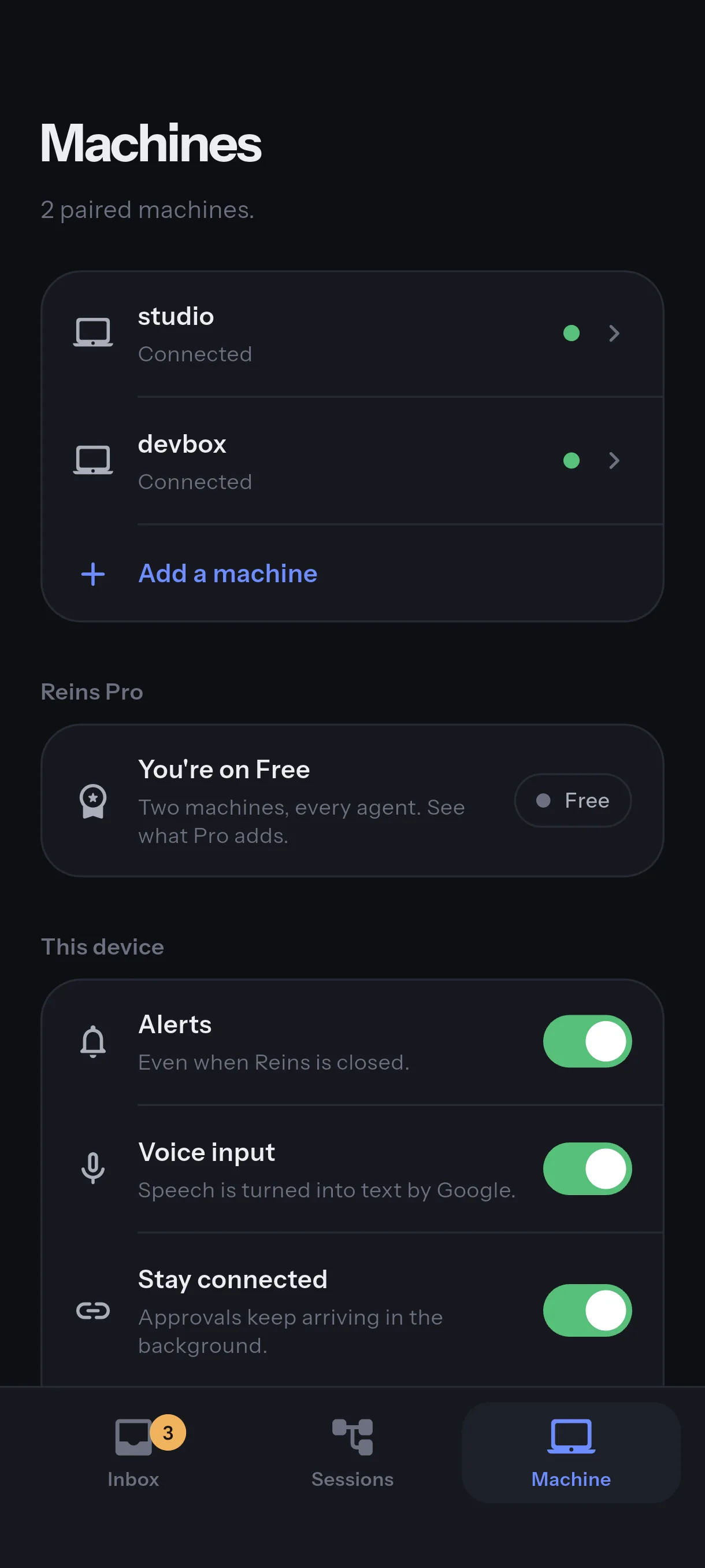 The Machines screen: two paired machines, the Free plan, and per-phone switches for alerts, voice input and Stay connected.