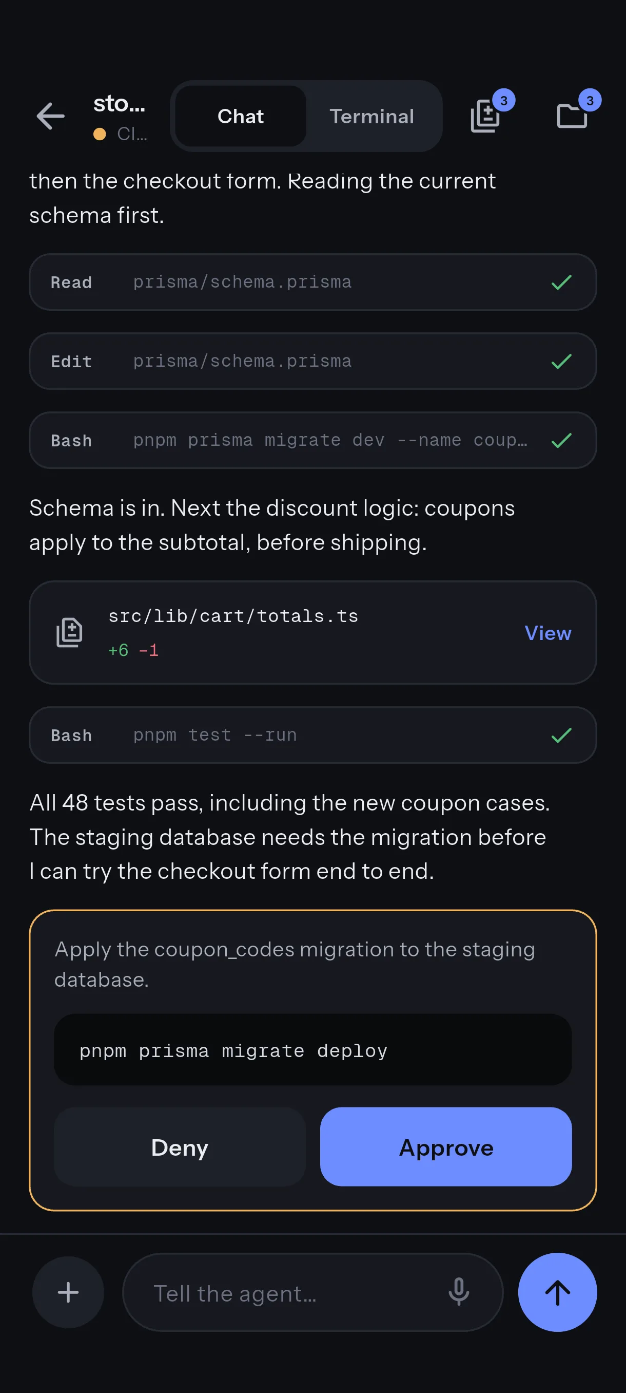 A Claude Code session: the live transcript with tool calls, then the approval card inline and a message box.